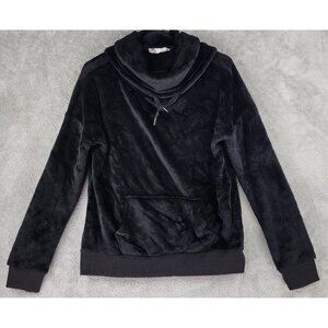 Pink Rose Sweatshirt Womens Medium Black Faux Fur Cowl Neck Long Sleeve Pullover